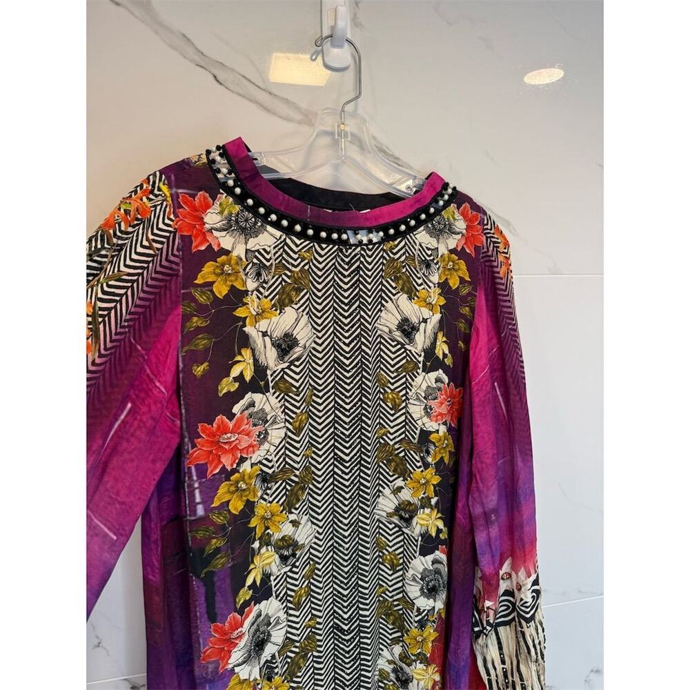 Art-to-wear Sapphire Floral Embroidered Beaded Tunic Dress Bell Sleeve Silk - Picture 3 of 16